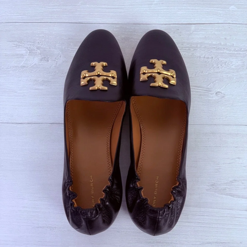 Tory Burch Eleanor Loafers Flats‎ Size 11 Black Leather Gold Logo Classic Chic